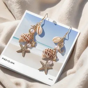 1Pair Women’s Boho Coastal Drop Dangle Earrings, Gold Tone Zinc Alloy Earrings with Seashell, Starfish, Pearl, Seahorse & Turtle Charms, Beach Vacation Jewelry for Summer & Everyday Wear