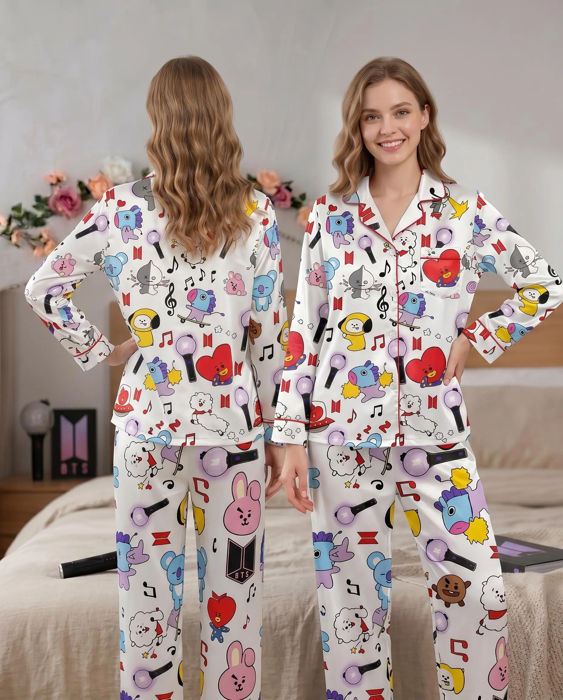 Arirang Cartoon Pajama Set, Kpop Sleepwear Long Sleeve & Shorts, Bang.tan Nightwear, Idol Loungewear, Cute Fan Merch