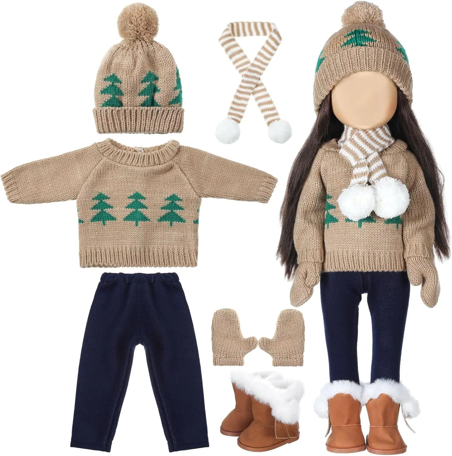 6 Pcs Winter 18 Inch Doll Clothes and Accessories Winter Outfits Set Sweaters Trousers Hats Shoes for 18 Inch Doll Gifts(Brown White,Simple)