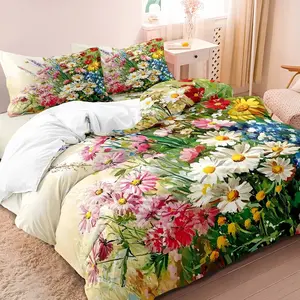 3 Piece Watercolor Flower Quilt Set, Soft Comfortable Breathable Bedding, Includes 1 Decorative Duvet Cover and 2 Pillowcases, Home Decor
