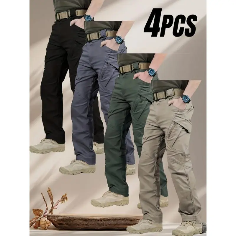 4PairsMen'sHigh-PerformanceTacticalCargoPants-DurableTear-ResistantMulti-PocketDesign,All-SeasonOutdoorHikingCampingWorkTrousers(NoBeltIncluded),CampingGear,Fabric,SecureDrawstringWaistbandMenswearPolyester