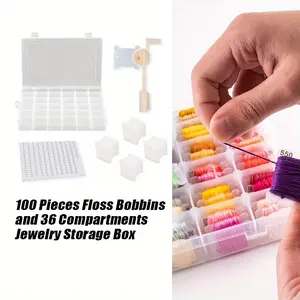 100 Floss Bobbins & 36 Compartment Jewelry Storage Box, 1 Floss Winder & Color Chip