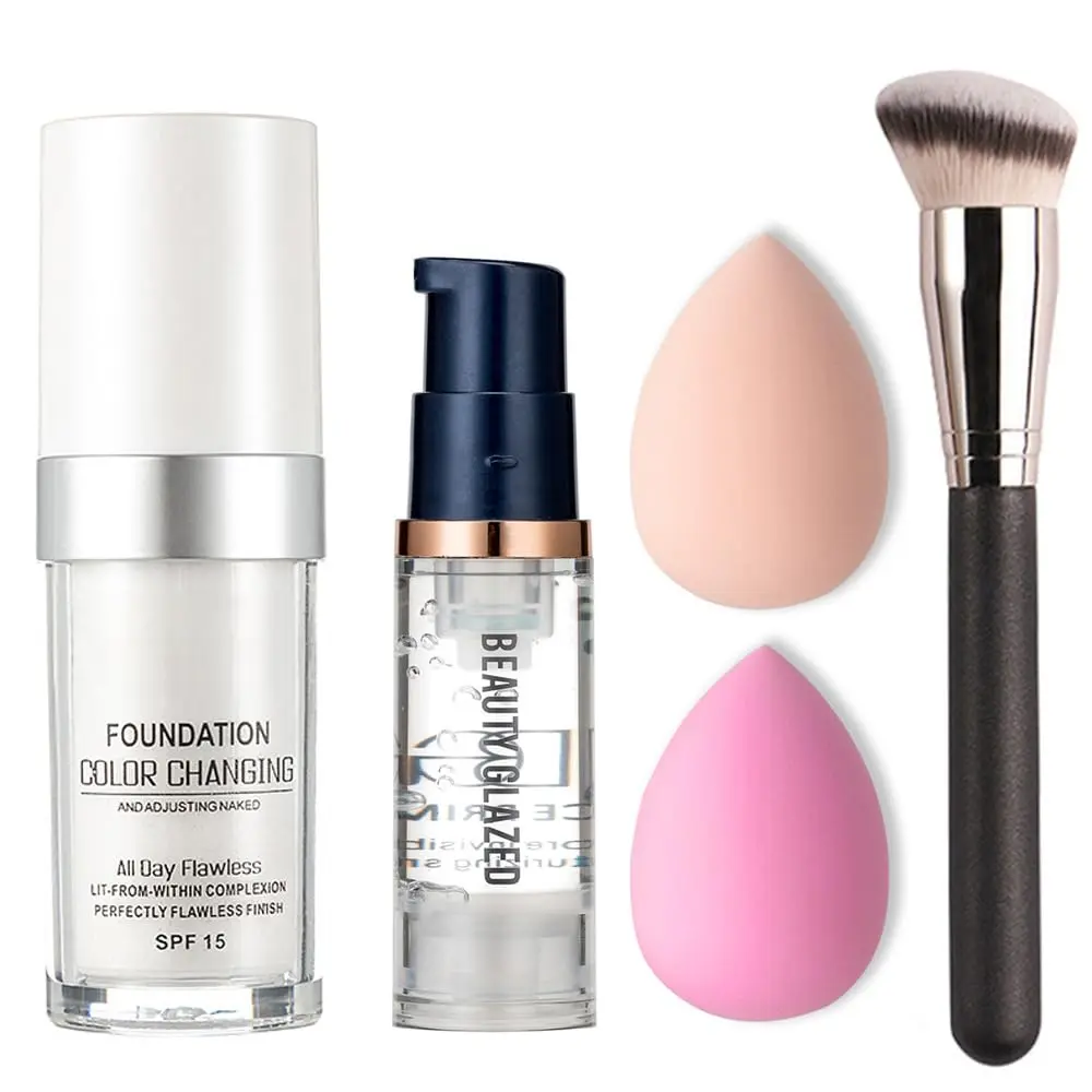 5PCS Colour Changing Foundation Makeup Set Matte Liquid Full Coverage Oil Control Breathable Invisible Cover Concealer Foundation with Face Primer, Foundation Brush, Makeup Sponge