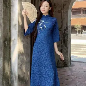 Áo Dài Gấm thêu 2 màu Đỏ & Xanh - Vietnamese traditional dress