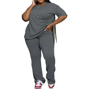 Women's Plus Size 2-Piece Casual Tracksuit, Short Sleeve Top and Flare Pants Set