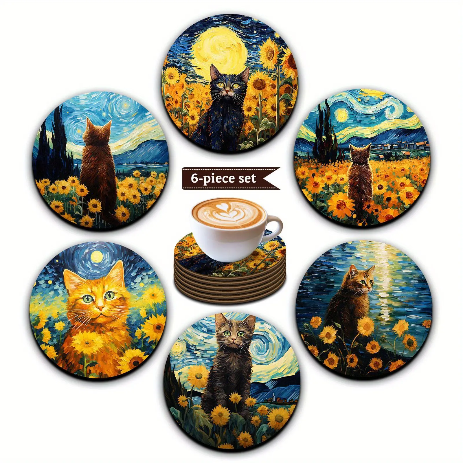6pcs Cats Pattern Wooden Coasters, Kitchen Coasters, Perfect for Home, Bar, and Office Gatherings, Cup Mats, Festival. Size 3.94inch x 3.94inch