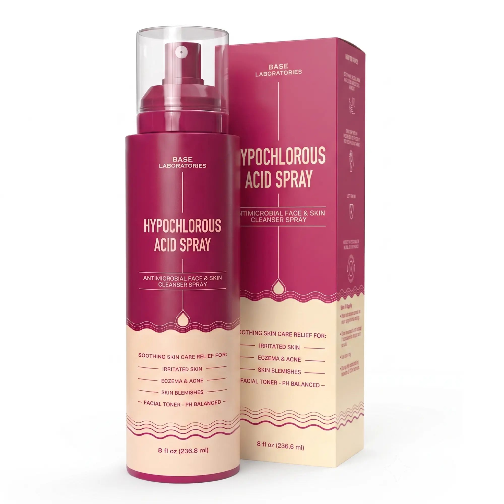 Base Laboratories Hypochlorous Acid Spray for Skin & Face - 8 fl oz Daily Skin Cleanser & Nourishing Toner for Eczema, Redness, Acne Relief & Comfort Sensitive Eczema Therapy Antimicrobial Skin Solution Body Care Calming Facial Skin Repair