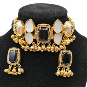Navy Blue Doublet Choker Set with Kundan and German Silver Elegant Versatile Jewelry for Various Occasions