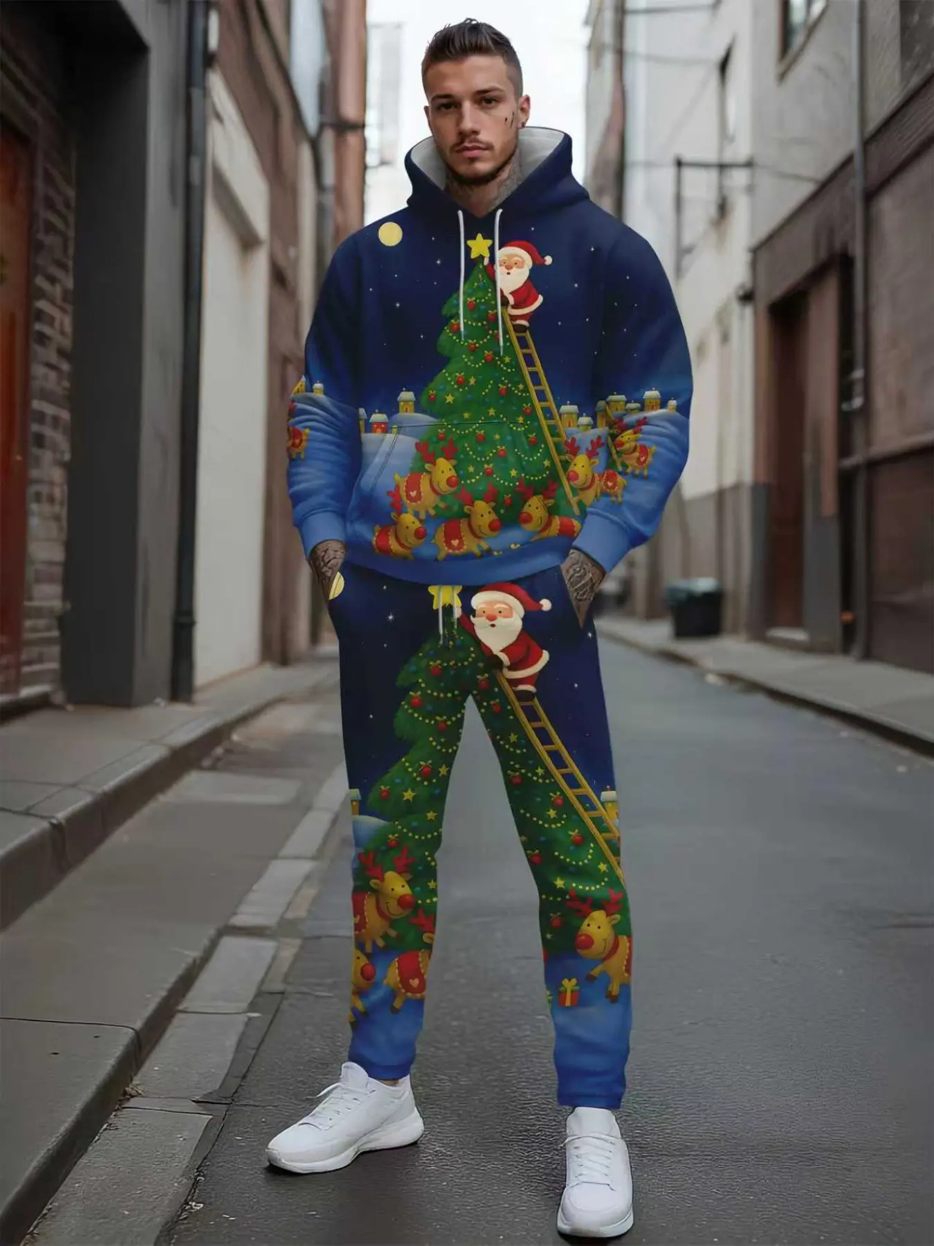 Trendy Christmas Print Hoodie Set, Sweatsuit Set, Tracksuit Set, Casual Fitted Long Sleeve Top & Pants, Sportswear for Running & Outdoor Activities