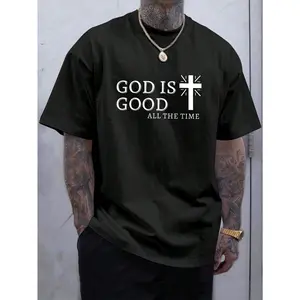 Homme Men Casual Summer Cross & Slogan Graphic Printed Short Sleeve  god  T-Shirt, For Friends