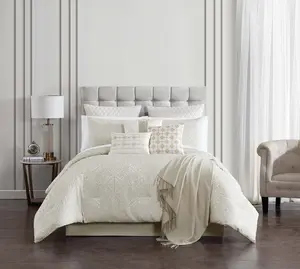 Artistic Home Textiles –9-Piece Comforter Set – Luxury Beige Damask Bedding Set with Bed Skirt, Decorative Pillows & Euro Shams – Soft Polyester Comforter for Queen / King / Cal King