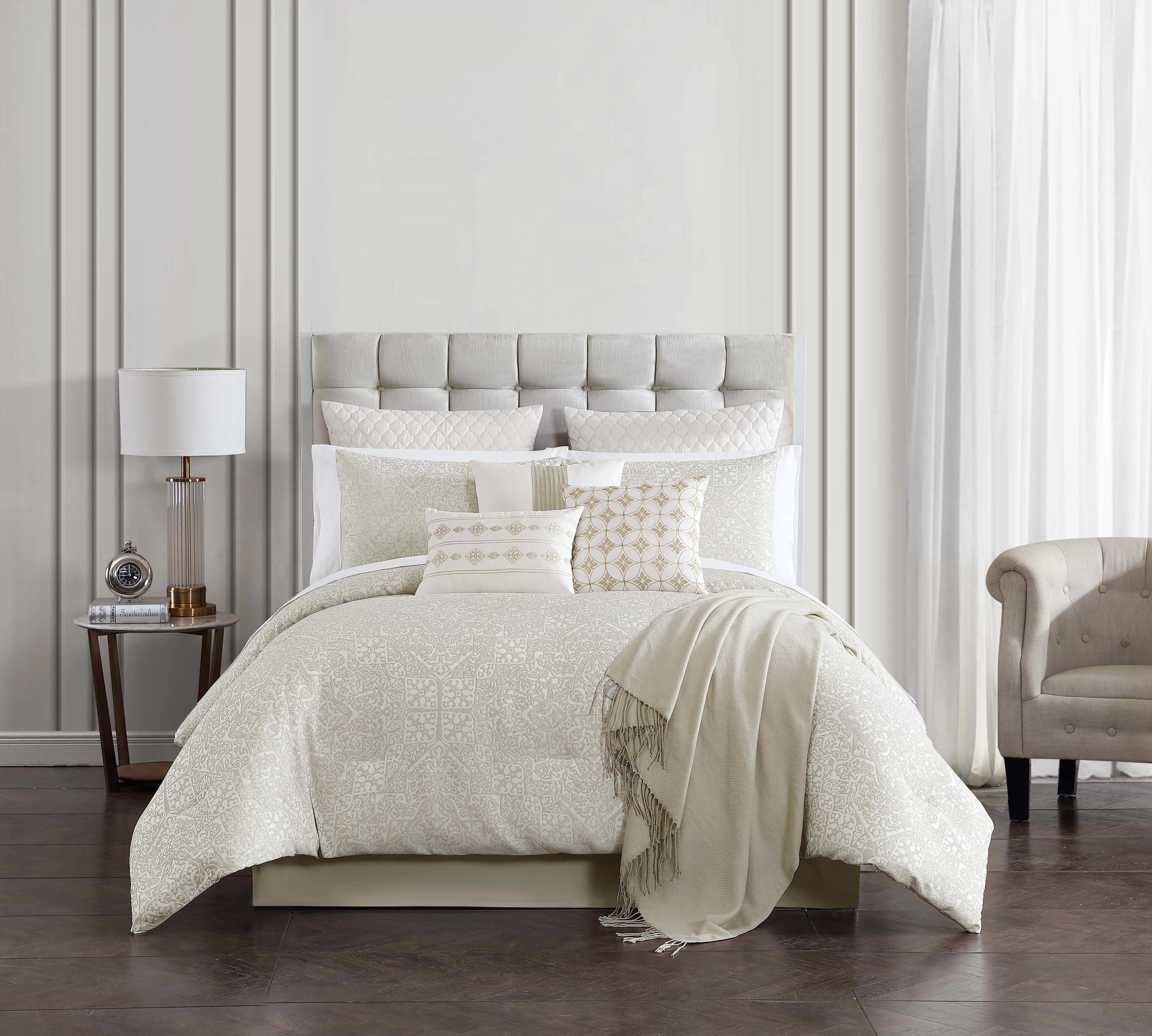 Artistic Home Textiles –9-Piece Comforter Set – Luxury Beige Damask Bedding Set with Bed Skirt, Decorative Pillows & Euro Shams – Soft Polyester Comforter for Queen / King / Cal King