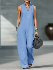 Women's Stand Collar Sleeveless Zipper Casual Loose Bodysuit, Comfortable and Stylish One-Piece for Daily Wear