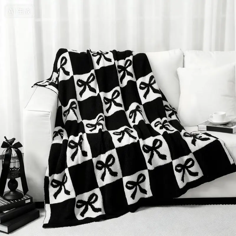 Black and White Bow Flannel Throw Blanket, Checkerboard Coquette Cozy Blanket for Couch Bed Sofa, Aesthetic Room Decor Gift for Women and Teens