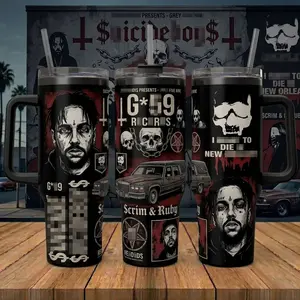 G59 Records Hip Hop Tumbler 40oz with Handle, Suicide Boys New Orleans Fan Travel Mug with Straw, Grim Ruby Skull Stainless Steel Cup, Rap Concert Merch, Dark Aesthetic Gothic Gift for Music Lovers, Birthday Gift for Him
