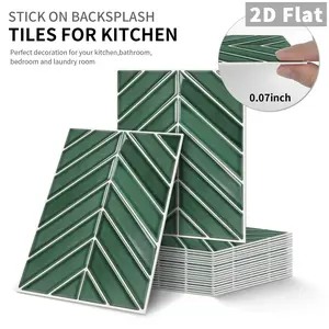 10PCS GST Dark Green Herringbone PE Crystal Foam Tile Stickers Color Box Waterproof Oil-Proof Anti-Collision Peel and Stick Backsplash for Kitchen Bathroom Ceiling Tiles Old Wood Panels Home Decoration