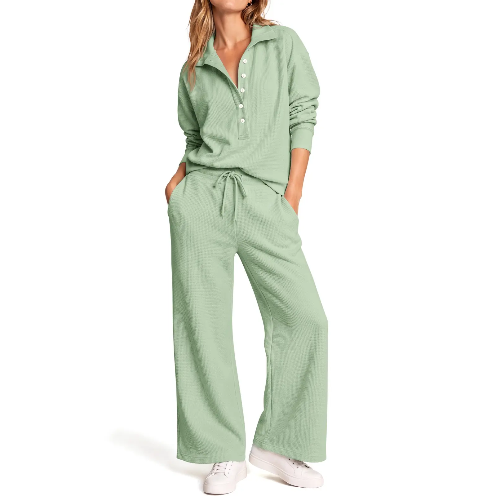 Fisoew Women's 2-Piece Oversized Waffle Knit Loungewear Set - Collar Half-Button Henley Long-Sleeve Ribbed Top, Elastic Drawstring High-Waist Wide-Leg Fit Sweatpants, Chocolate Nightwear Tracksuit, Adjustable Womenswear, Mint, Lightweight, Boxy
