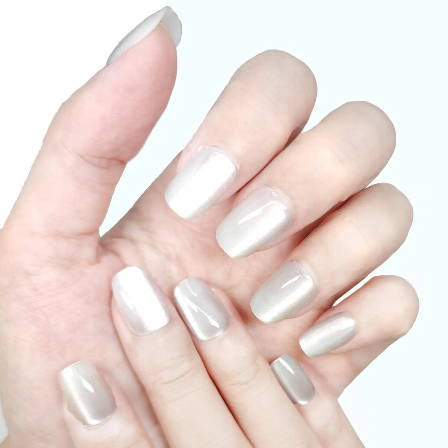 Cat Eye Nails Short Squoval, Shimmery White, Small Size Press on False Nails, 24 Reusable Fake Nails With Stick on Adhesive Tabs duck foot