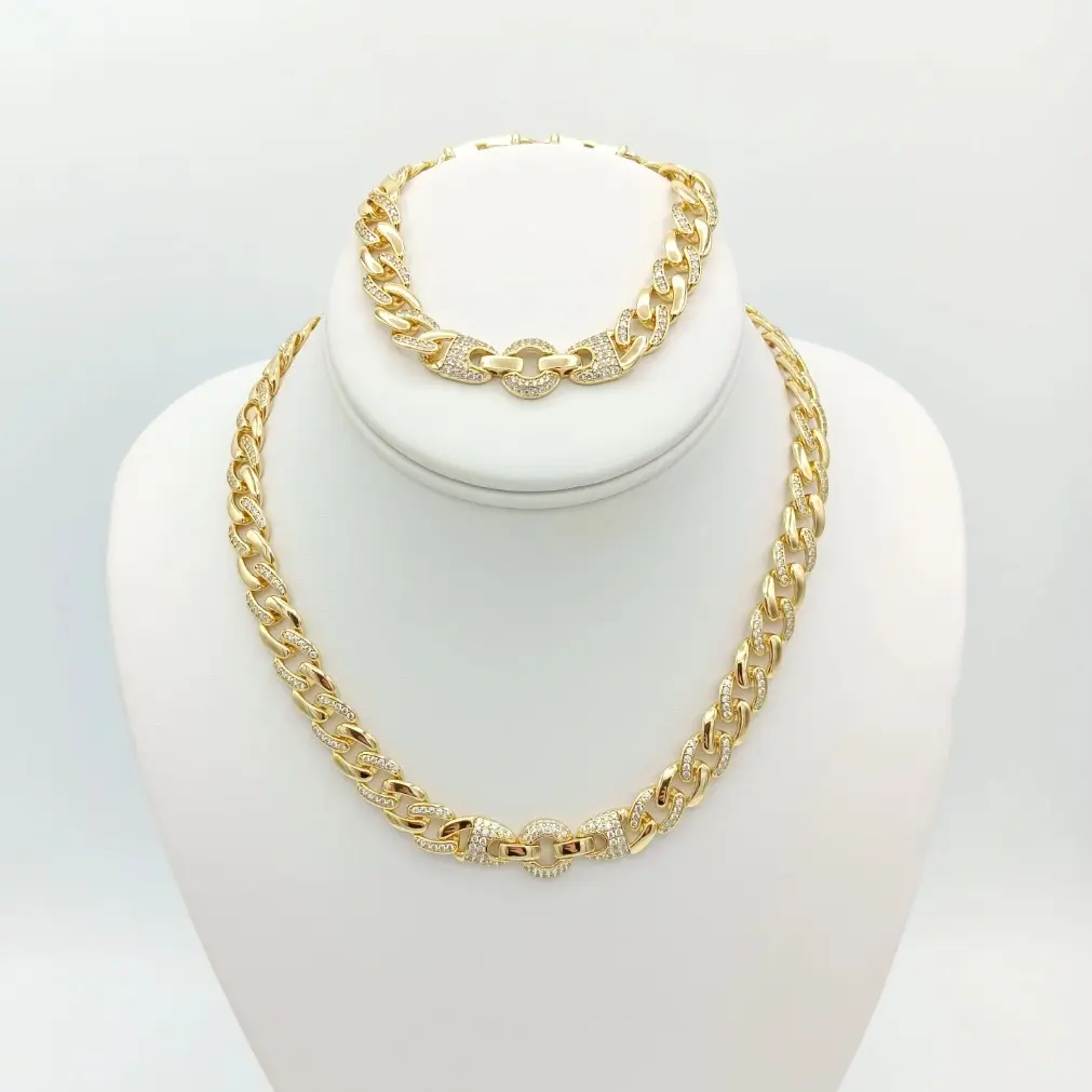 CHOKER AND BRACELET SET WITH ZIRCONIA, ELEGANT DESIGN FOR WOMEN, DOUBLE CLOSURE, 14K GOLD PLATED, HIGH QUALITY