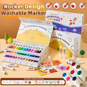 Water Washable Rocket-Shaped Markers, 3 Tip Types, 16 Fun Stamps, Large Ink Capacity, Safe Grip, Ideal for Paper, Glass, Ceramics