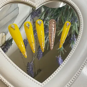10Pcs Handmade Lemon Yellow Press on Nails Extra Long Stiletto Fake Nails Lady Crystal Diamond False Nail Kit
