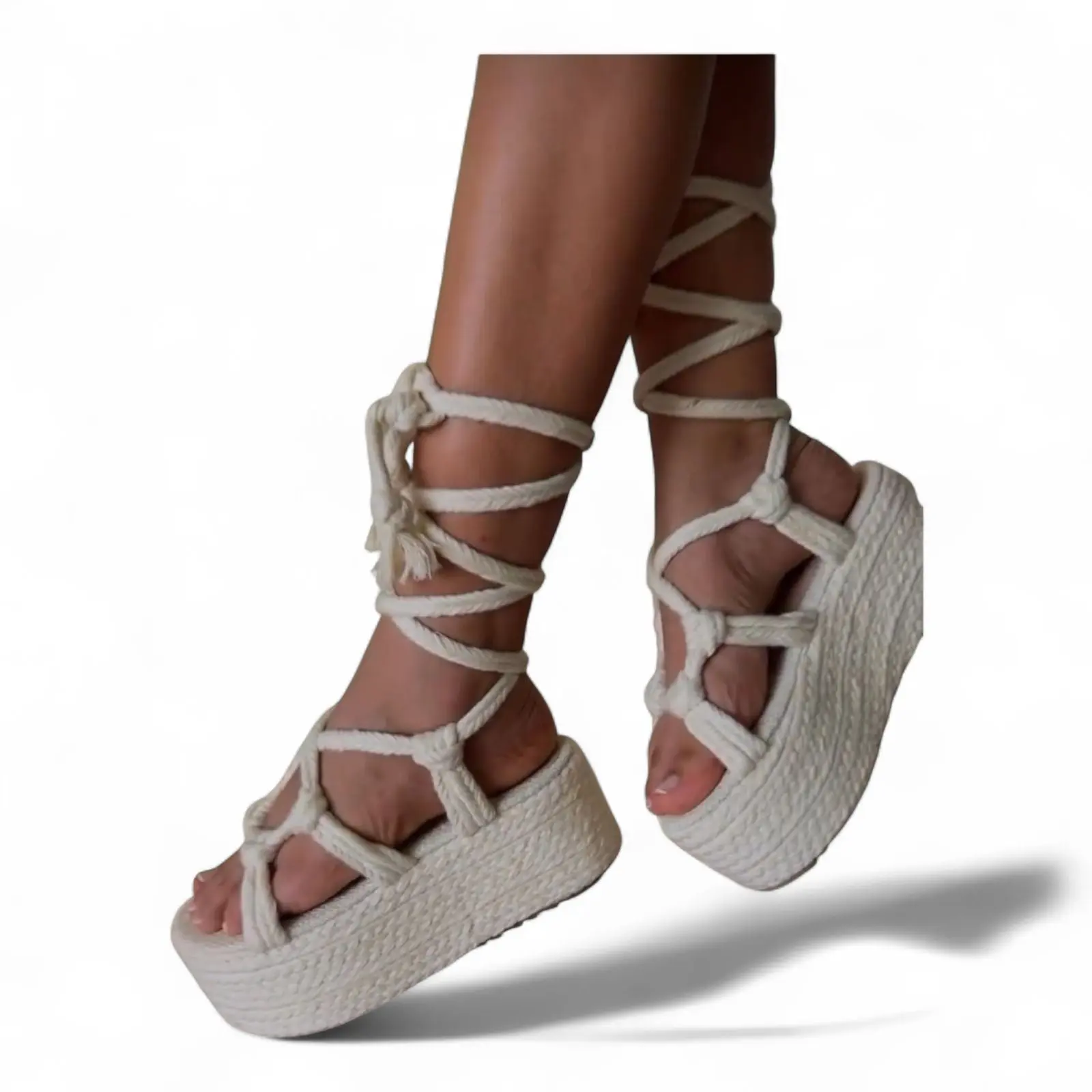 Women's Classy Cream Braided Jute Platform Heel Sandals, 5cm Heel Stylish Elegant Fashion Footwear