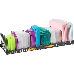 Expandable Food Container Lid Organizer, Large Capacity Adjustable with 8 Detachable Dividers, Lid Organizer Rack for Kitchen Cabinets Cupboards Pantry Shelves Drawers, Keep Kitchen Tidy, Black 10.2" Wide, 3.6 Pound