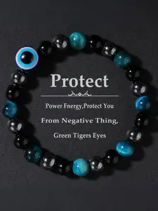 Tiger's Eye Stone Beaded Bracelet, Fashionable Evil Eye Design Bracelet for Men & Women, Trendy All-match & Exquisite Jewelry for Birthday Gift, Healing Crystal Bracelet