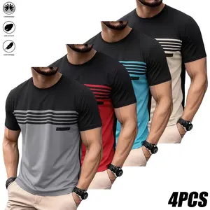 Set of 4 men’s short-sleeve T-shirts featuring striped color-block designs—stylish and versatile for everyday outings, commuting to work, fitness, and more; summer men’s short-sleeve tops, men’s tops.