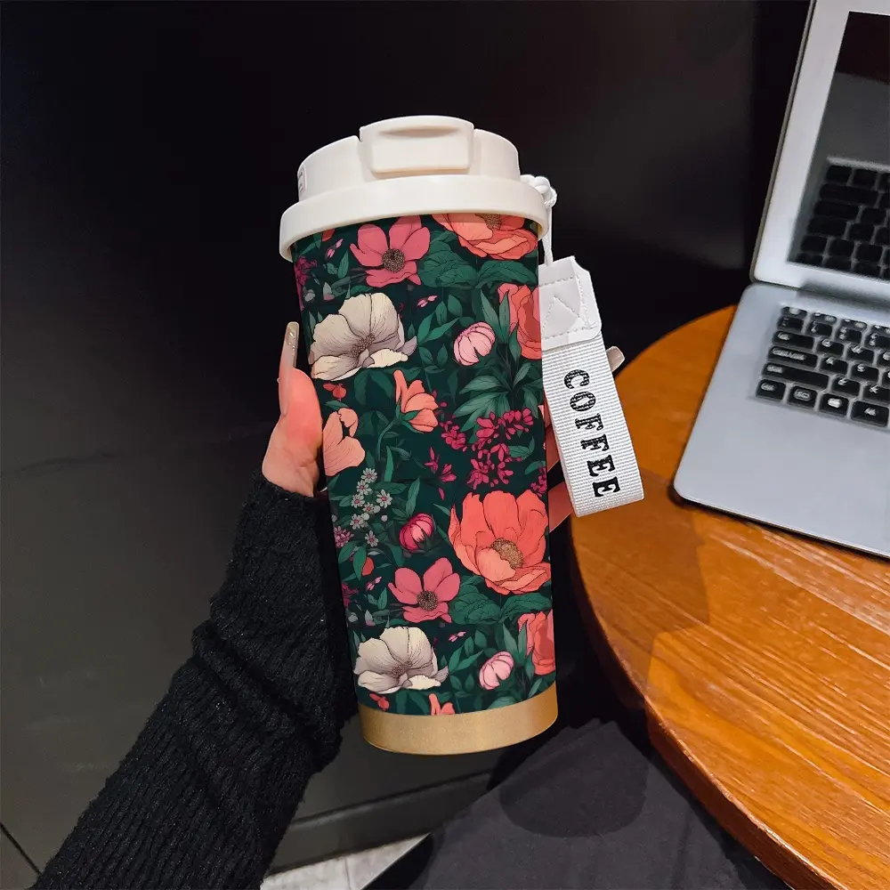 530ML Insulated Tumbler, Boho Style Abstract Pattern, Stainless Steel, Travel Mug with Straw and Strap, Ideal Gift for Holidays