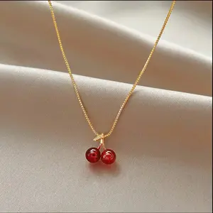 1pc Golden Red Cherries Necklace