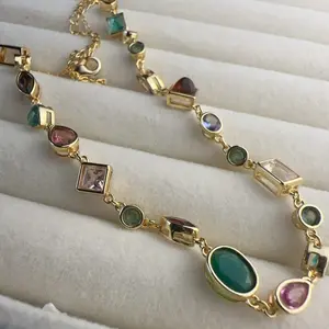 <PingEast jewelry > Multi gemstones ——925 Sterling Silver Gold-Tone Necklace Set with Multiple Gemstones, Including Emerald, Yellow Sapphire, Spessartine Garnet, and Garnet, with Certificate