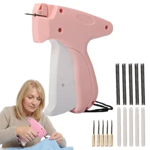 Portable Hemming Stitch Gun - Lightweight ABS Plastic Handheld Sewing Supplies Crafts Tool for Fast Clothes Fixing, On-the-Go Repair Kit with 500 Black Fasteners, 500 White Fasteners, 6 Needles (Pink)