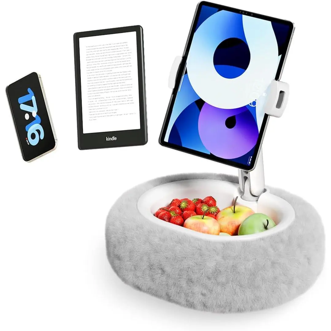 Kindle Pillow Stand - Soft Grey Fuzzy Tablet Holder with Storage Bowl, Hands-Free Lap Stand for Bed, Couch - Compatible with Kindle, iPad, Phones & E-Readers (Gray)