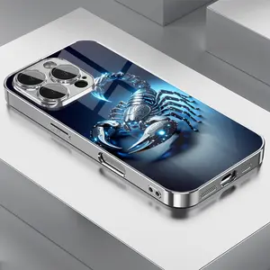 Creative Technology Blue Light Metal Scorpion Pattern Electroplated Glass Phone Case with Lens Protection for iPhone 16ProMax 15 14 13 12 11  Full coverage anti fall tempered glass protective cover,