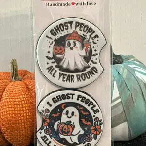 Halloween Car Coasters – Set of 2 Neoprene Cup Holder Coasters with Spooky Sublimated Designs, Cute Fall Car Accessories