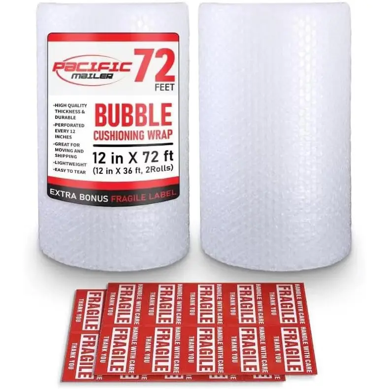 Bubble Wrap Packing Supplies, 5/16 in x 12 in x 72 ft Total (2 Rolls of 36 ft), Perforated Every 12 in for Moving