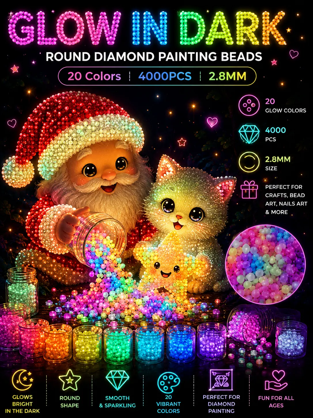 upgraded Glow in Dark Round Diamond Painting Beads,  Colors 4000PCS | Colors Diamond Art Beads, Diamond Painting Accessories, Round Glow in Dark For Crafts, Bead Art Or Nails Art, 2.8MM