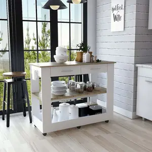 Kitchen Island 36" H Six Casters Two Drawers Two Open Storage Shelves Towel Hanger White/Light Oak