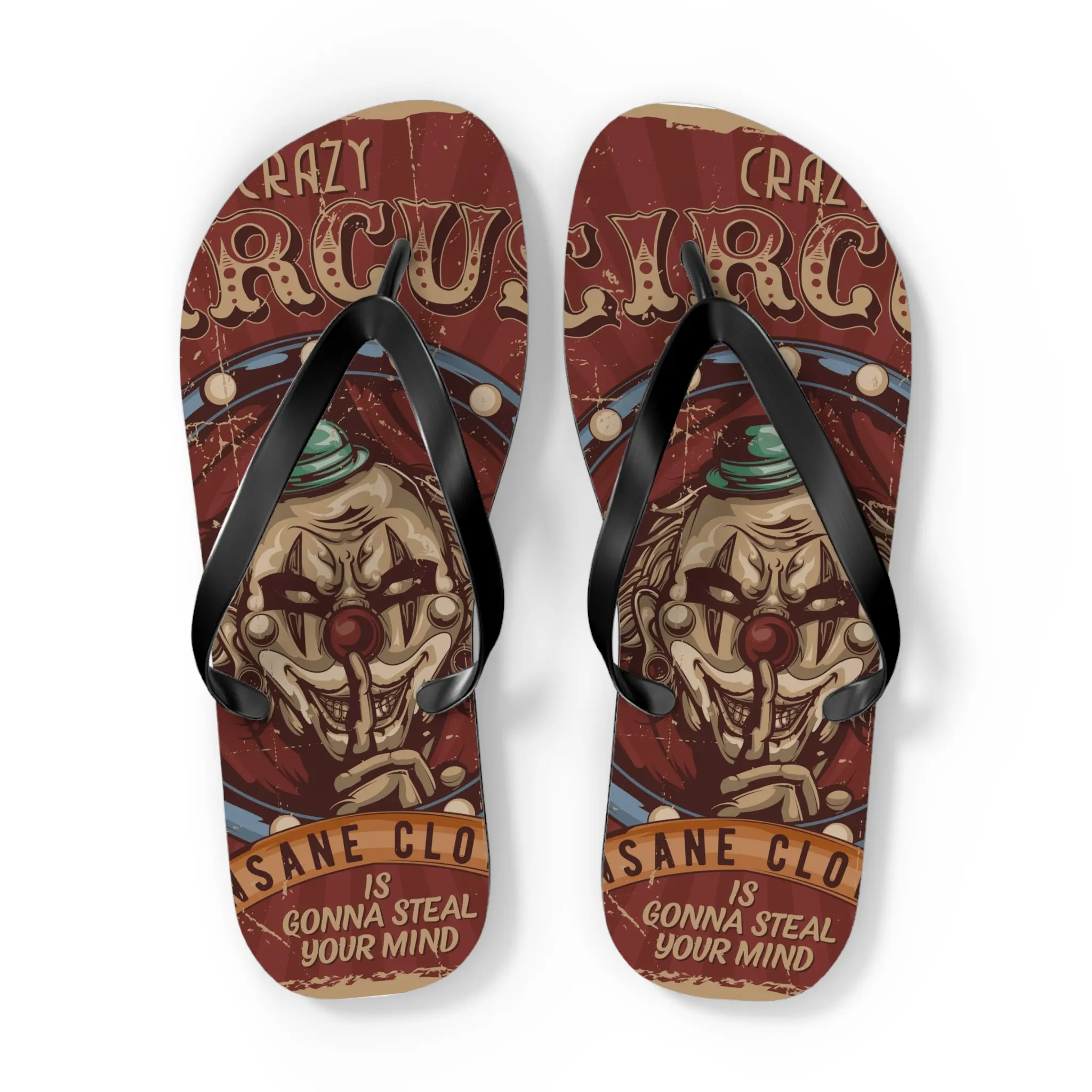 Crazy Circus Flip Flops, Clown Lover Summer Shoes, Von Phreak Footwear, Fun Festival Sandals, Soft Comfort Lightweight Dry Design Dance Boy Nail