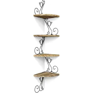 Wall Mount Corner Shelves 4 Tier Floating Corner Storage  Shelves Decorative Rustic Radial Shelf in  Shape Carbonized Black