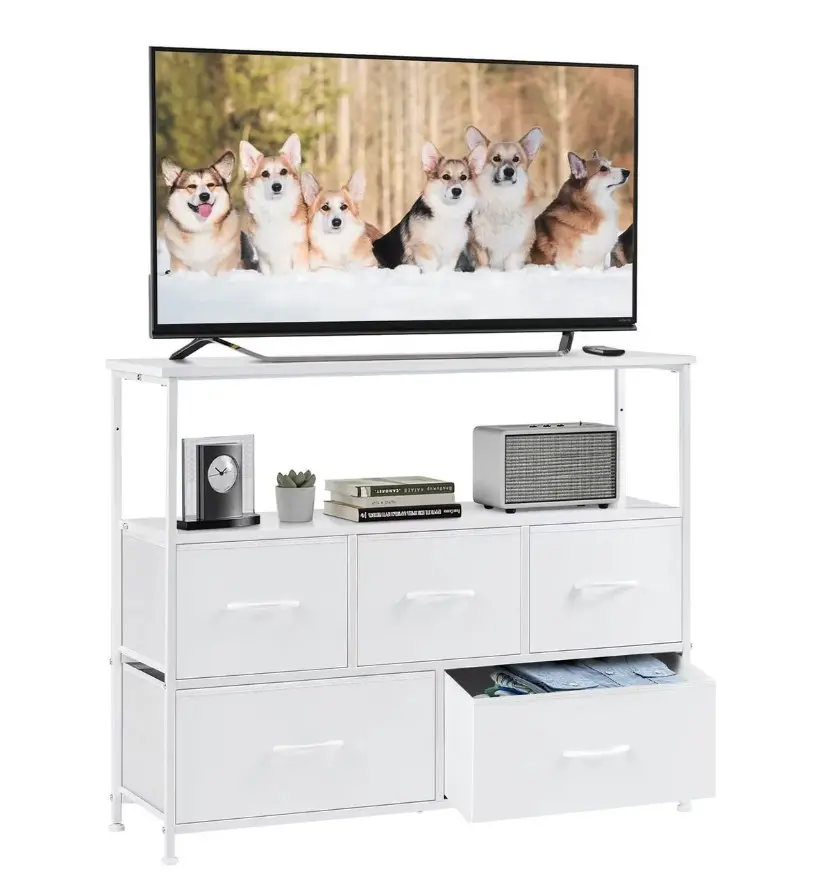 TV Stand with 5 Drawer Dresser for Bedroom, Storage Cabinet with 55 Inch TV Stand for Living Room, White