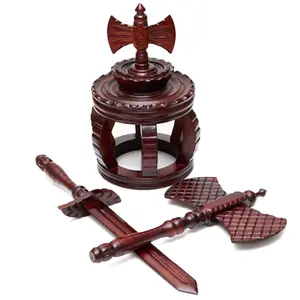 Luxuriously Carved Wooden Axe, Sword, and Crown Set for Shango