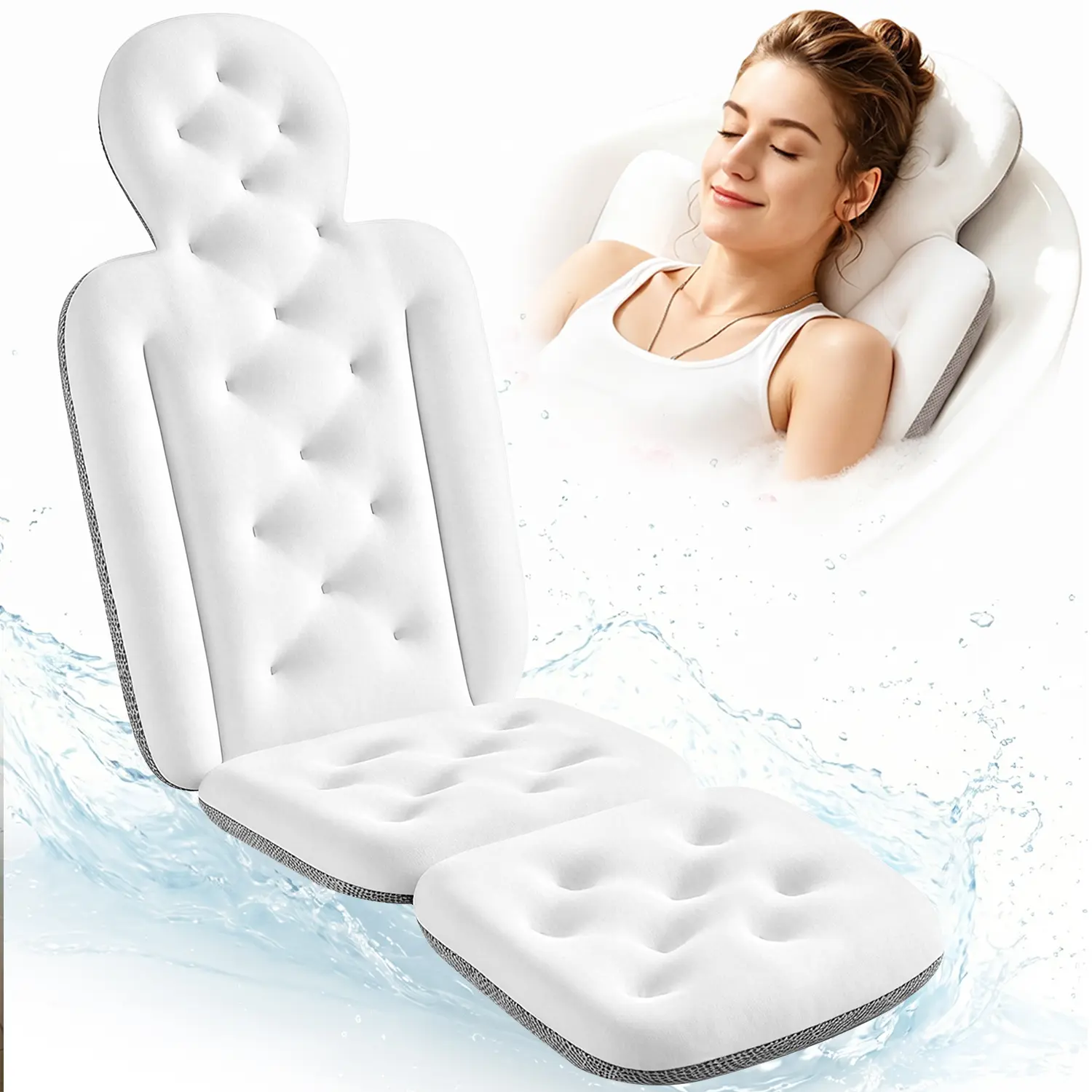 VOXOR Full Body Bath Pillow, 50"x15" x 2" Thick Bathtub Cushion with Suction Cups for Head, Neck & Back Support Pearl White
