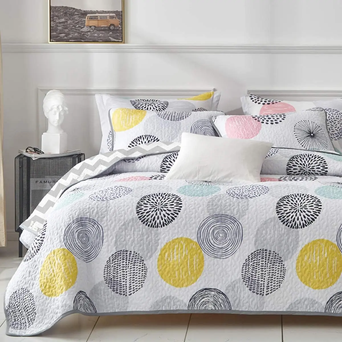 3 count Reversible Quilt Set  Size 90x90 Soft Microfiber Lightweight Coverlet Bedspread Summer Comforter Set Bed Cover Blanket for  Season  Yellow Teal Colorful Dots