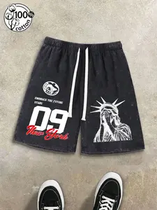 Unisex Multi-Color Washed Vintage Statue of Liberty 09 New York Graphic Print Drawstring Sweat Shorts | American Retro Streetwear Athletic Shorts