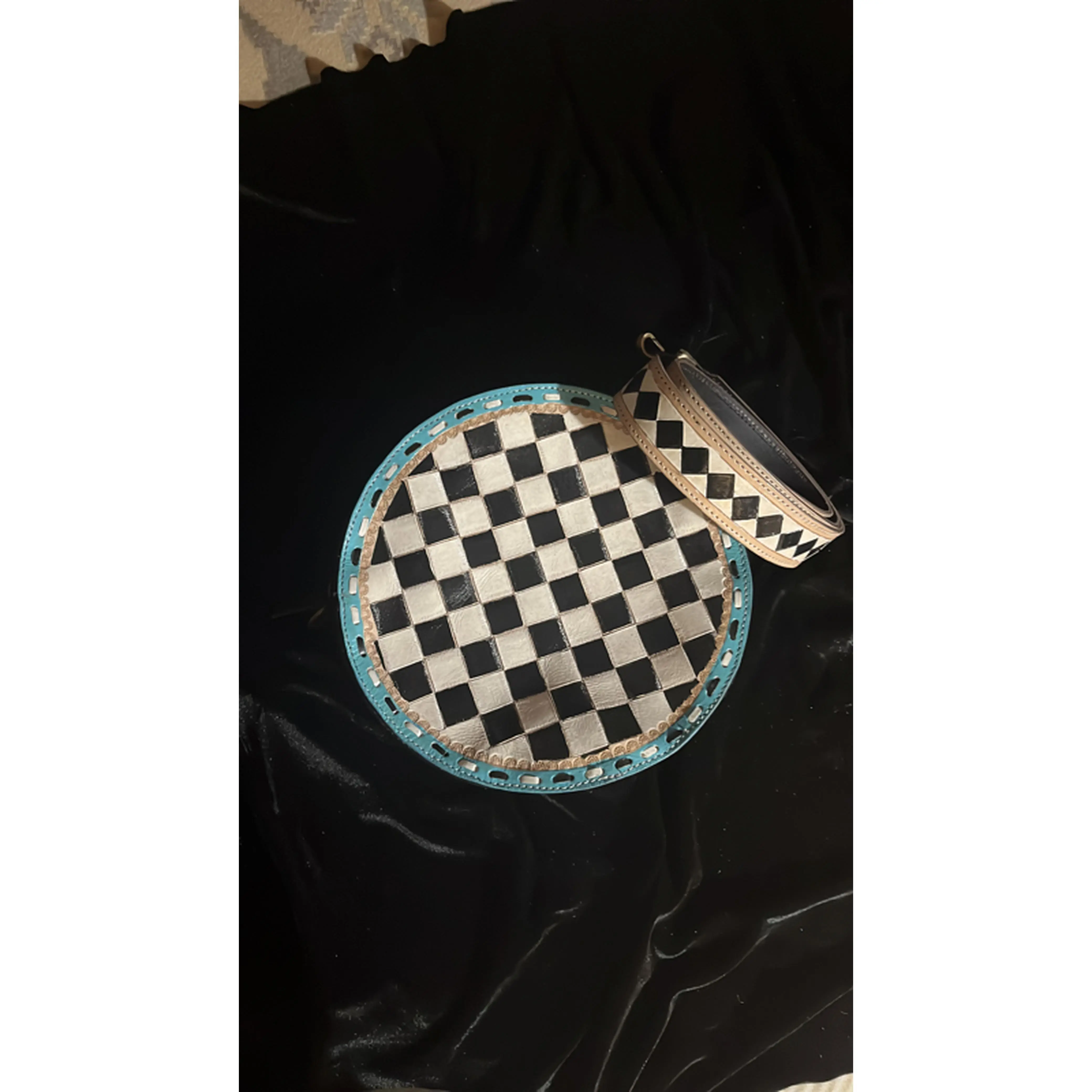 Fun Cantina Bag Hand Painted Black and White Checked with Turquoise Trim Cross Bodgy Strap Zipper Pocket Key Sleeve Pocket Inside