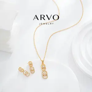 【Mother's Day】ARVO Women’s 2PCS Gold Luxury Geometric Jewelry Set, Gold Oval Pendant Necklace & Matching Drop Earrings with Cubic Zirconia, Elegant Fashion Jewelry Gift Set for Her, Wedding Party Daily Wear