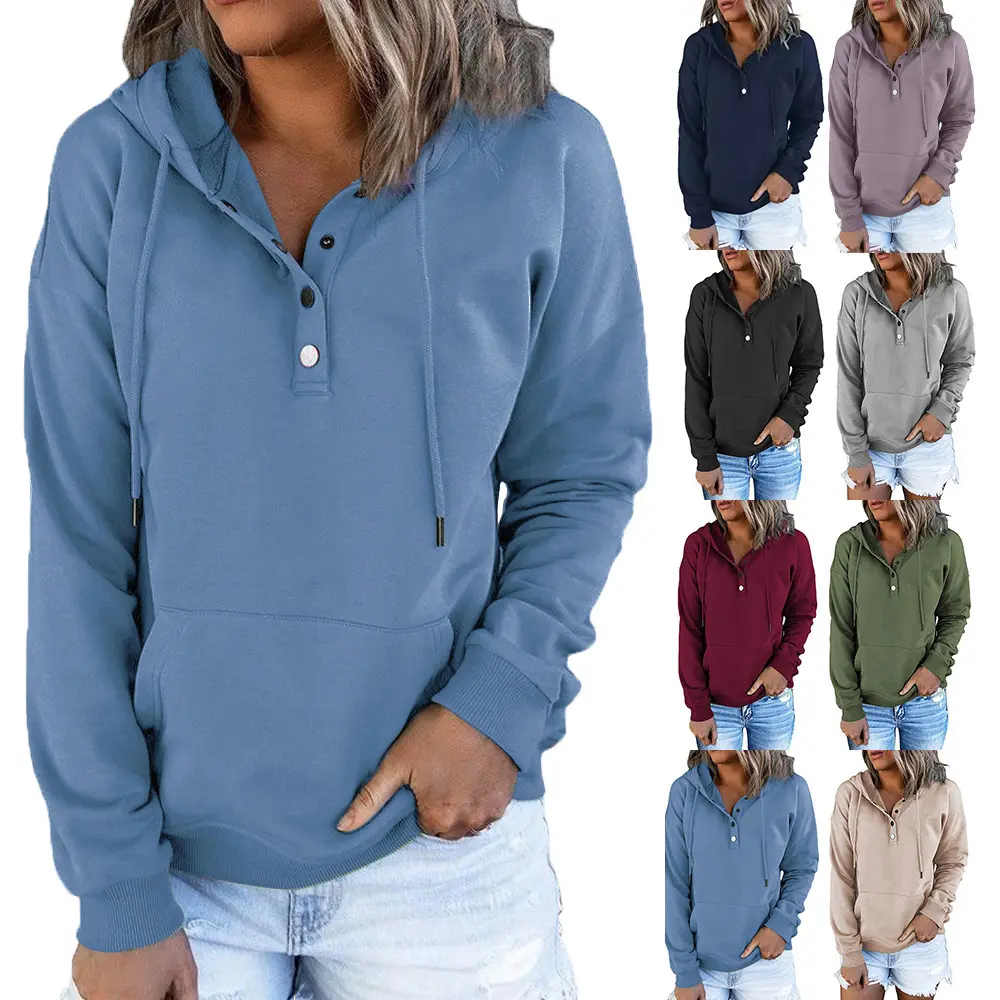 Women Henley Button Hoodie, Long Sleeve Drawstring Hooded Sweatshirt With Kangaroo Pocket, Loose Casual Fall Daily Tops