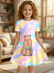 Cute Capybara Milk Tea Print Short Sleeve Dress, Casual Asymmetrical Knee Length Dress for Fun Summer, Fitted Style for Girls, Floral Printed Dress